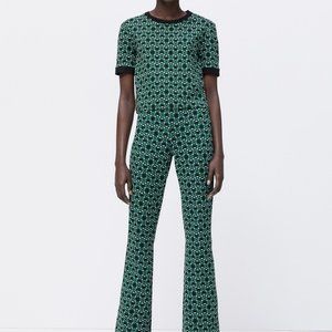 ZARA Knit Jacquard Green Set Crop Top Flare Pants CoOrd Set MEDIUM M